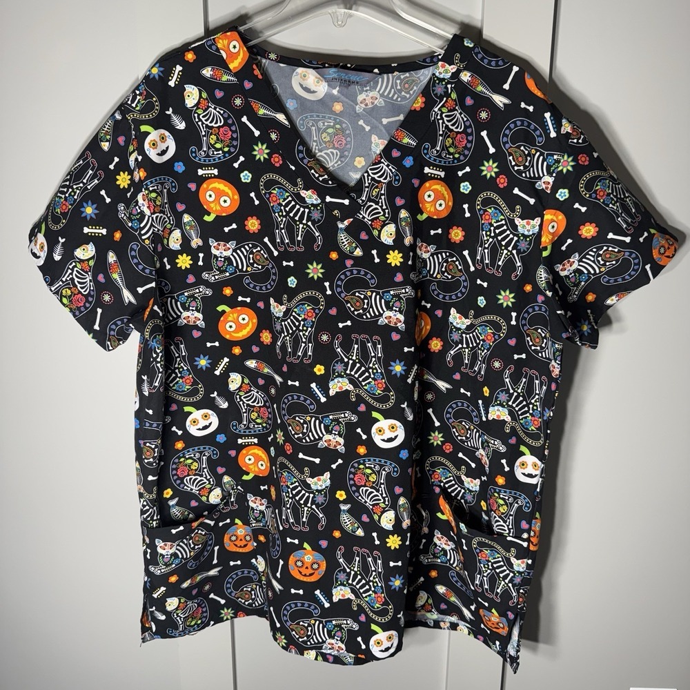 Serene Uniforms Halloween Scrub Top Womens XXLARGE Black Cat Skull Pumpkin Bones